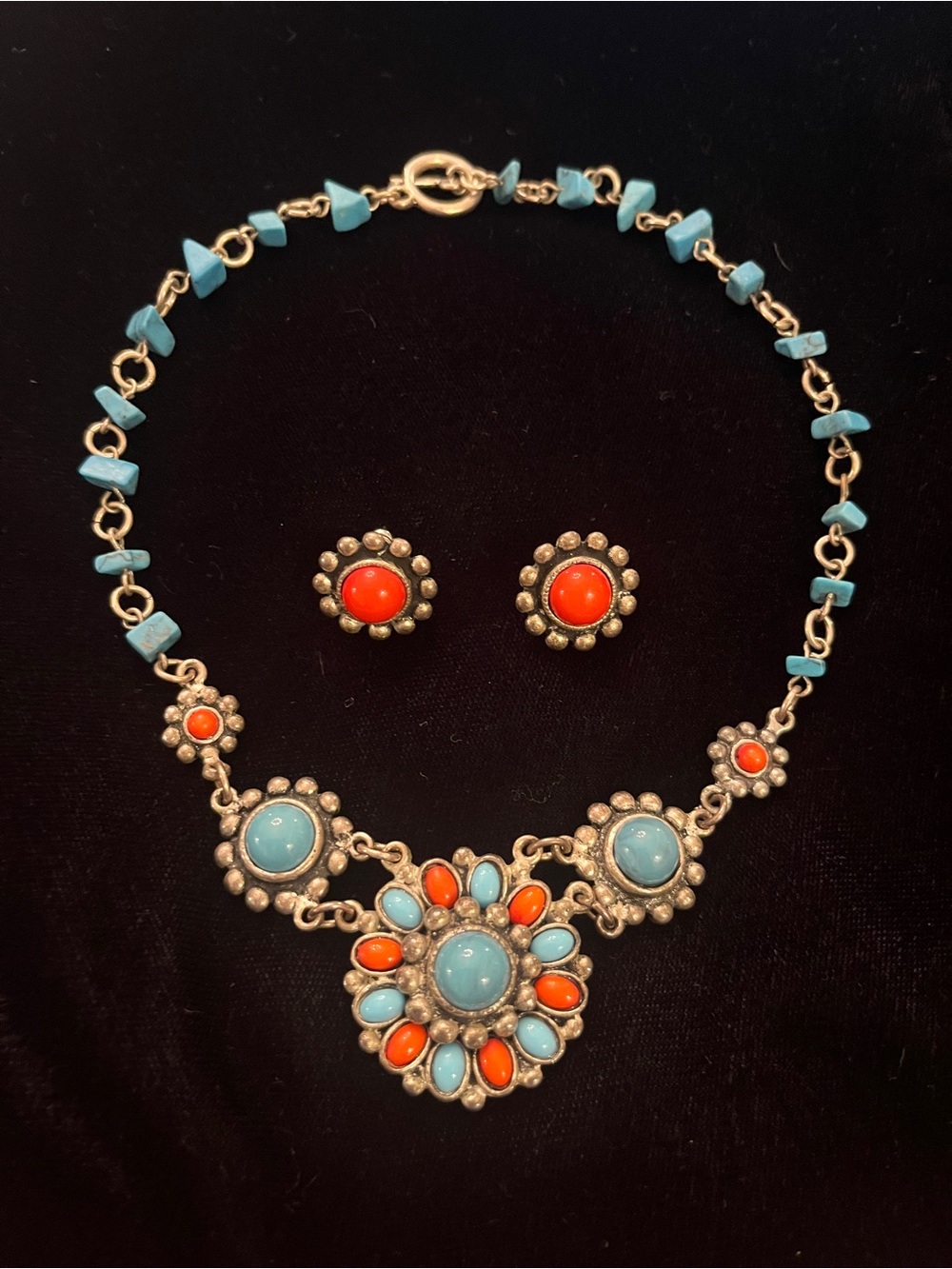 Turquoise and Coral Floral Statement Necklace with Matching Earrings